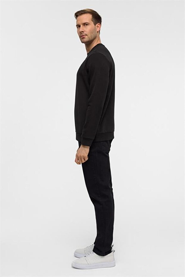 Siyah Regular Düz Bisiklet Yaka Sweatshirt - 7