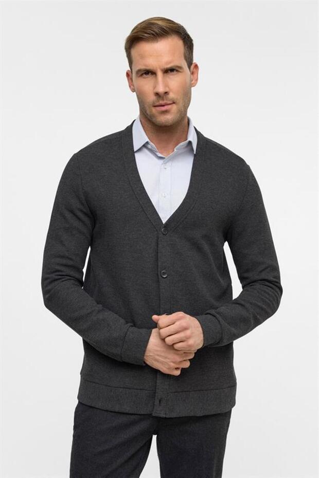 Antrasit Regular Düz V Yaka Hırka - 2