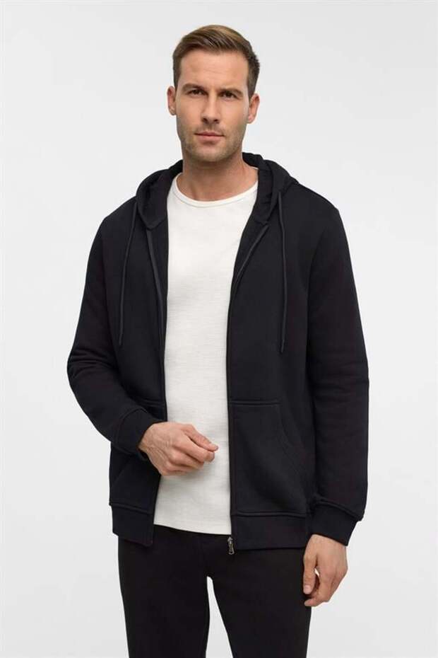 Siyah Regular Düz Bisiklet Yaka Sweatshirt - 1