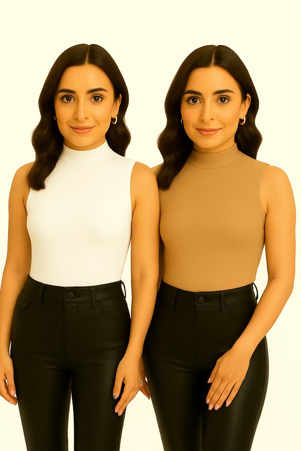 Women's 2-Piece Zero Sleeve Sleeveless Body Turtleneck Badi 2 Pieces Fisherman Black - White