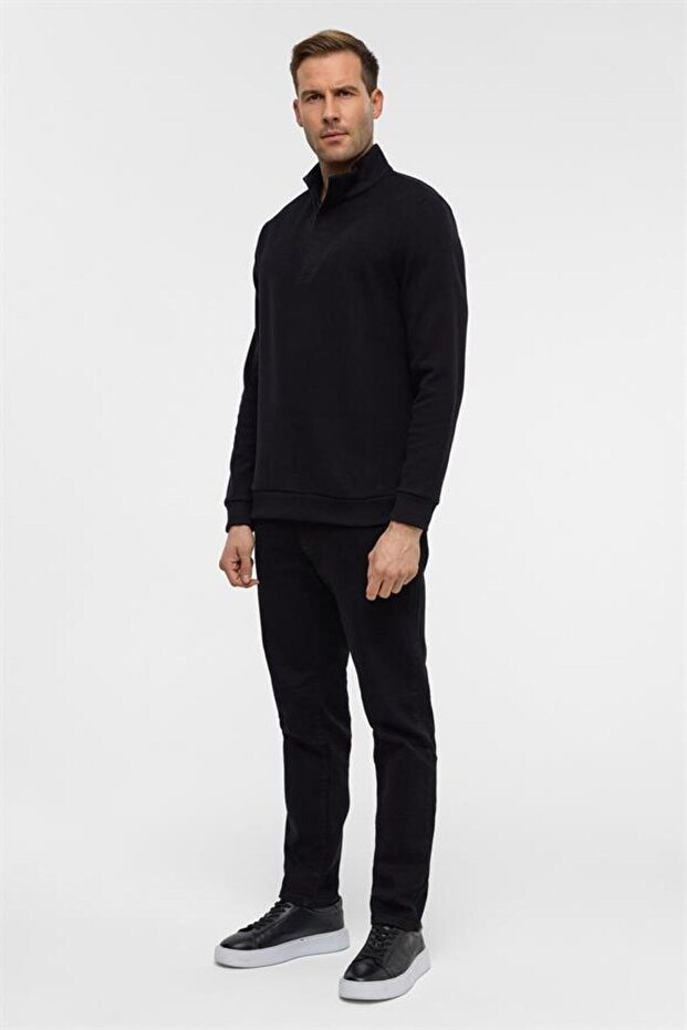 Siyah Regular Düz Polo Yaka Sweatshirt - 7