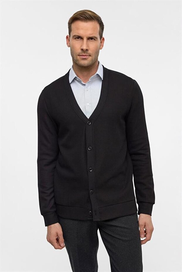 Siyah Regular Düz V Yaka Hırka - 3