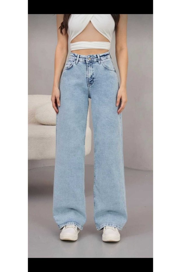 Denisa 90's Stretch Loose Women's Ice Blue Snow Super High Waist Loose Leg Denim Jeans