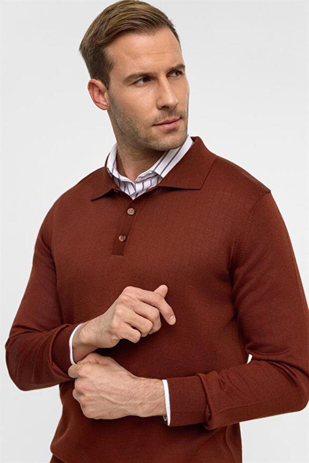 Kiremit Regular Düz Polo Yaka Triko - 5