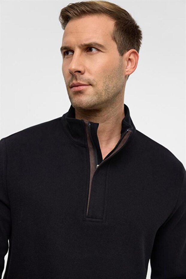 Siyah Regular Düz Polo Yaka Sweatshirt - 4