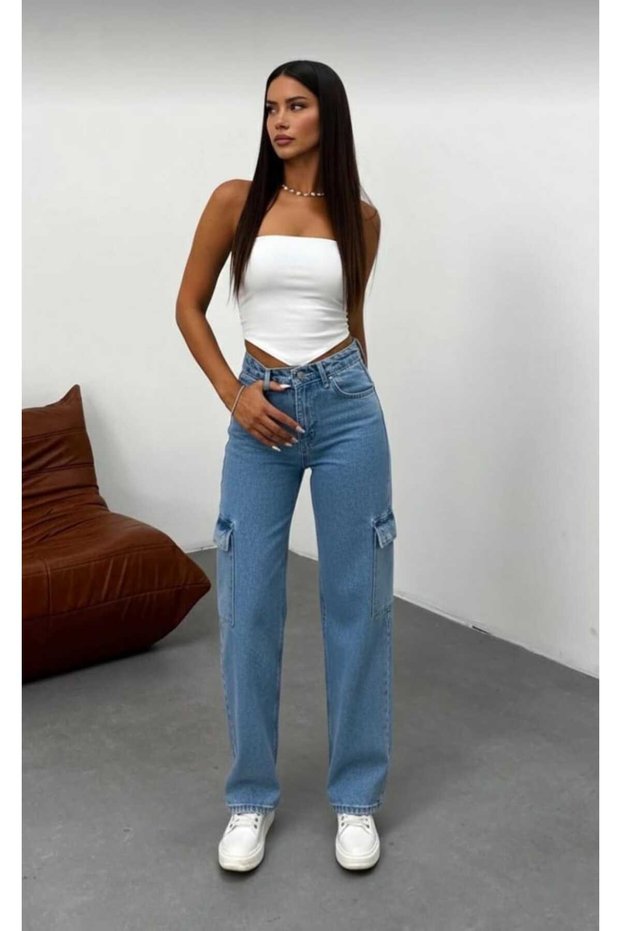 Lovrens 90`S Lycra Loose Women's Medium Blue Back Pocketless Super High Waist Jean Denim Trousers