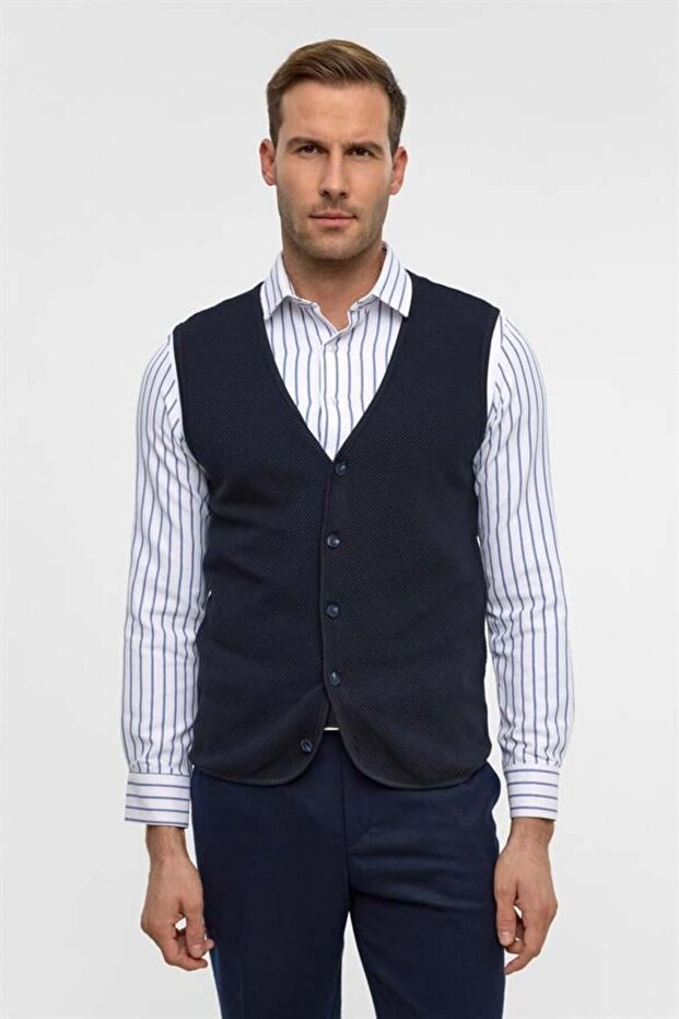 Lacivert Regular Kapitone V Yaka Yelek - 1