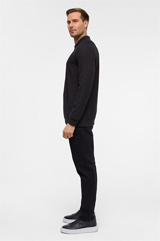 Siyah Regular Düz Polo Yaka Sweatshirt - 8