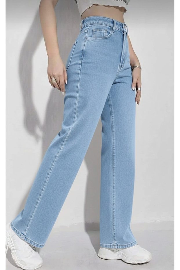Lina 90`S Stretch Fabric Casual Women's Light Blue Super High Waist Wide Leg Denim Jeans