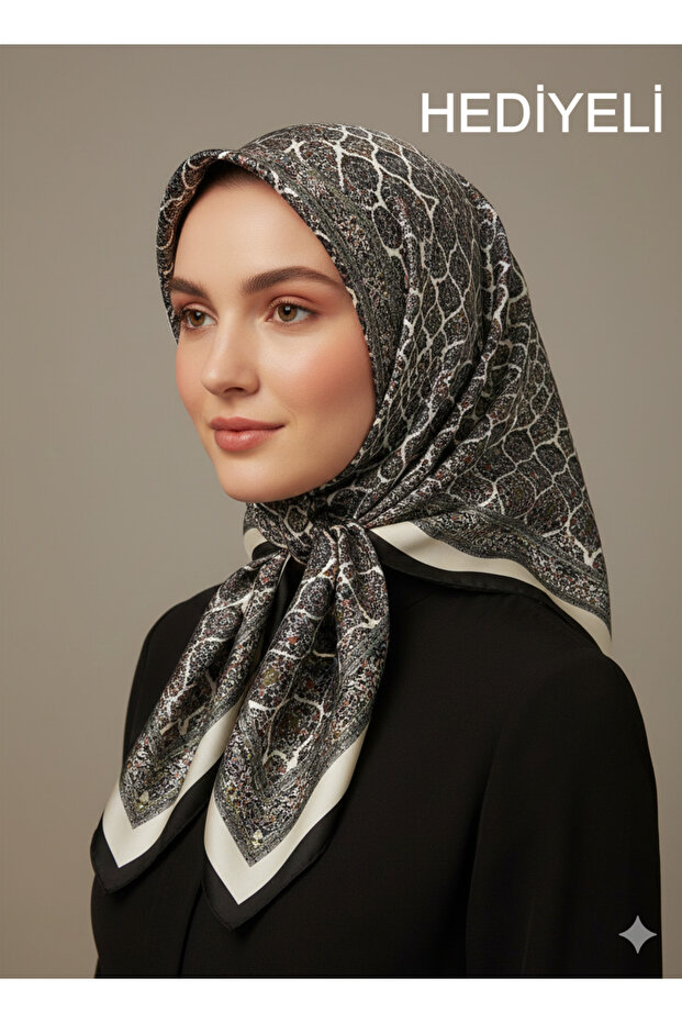 وشاح كريستالي بنمط عرقي أبيض - أسود بمظهر حريري - تصميم أنيق من التويل 90×90