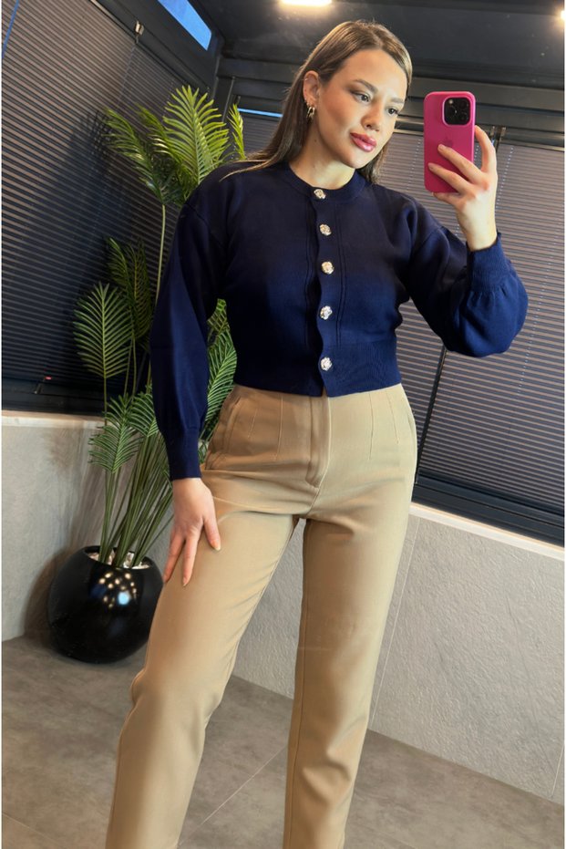 Navy Blue Balloon Sleeve Floral Button Detailed Short Cardigan