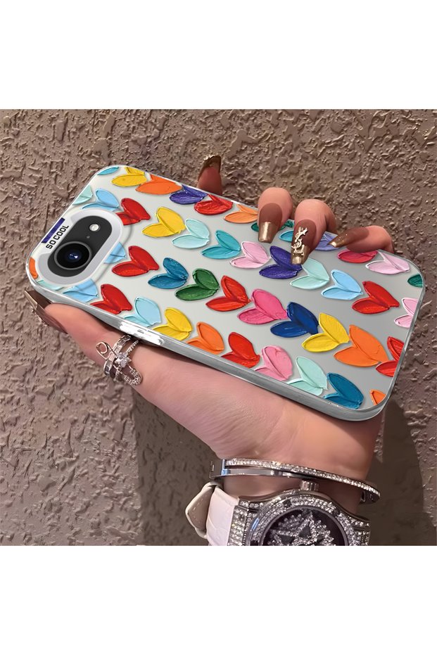 iPhone 16E Compatible Silicone Edge Hard Back Anti-Fall Case Colorful Heart