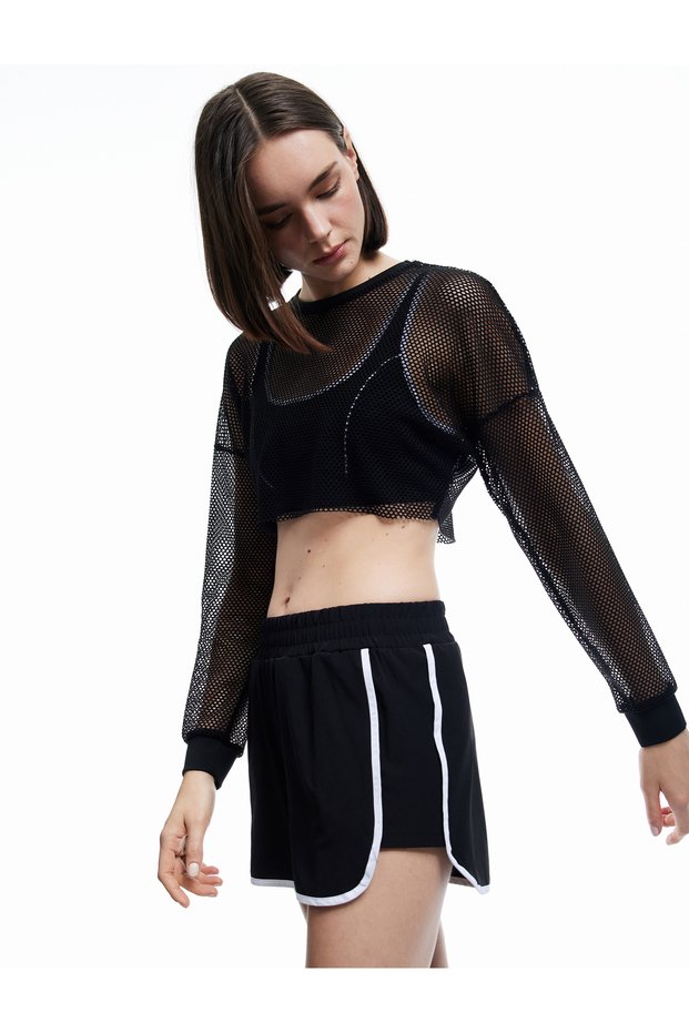 Crew Neck Long Sleeve Mesh Crop Sports T-Shirt