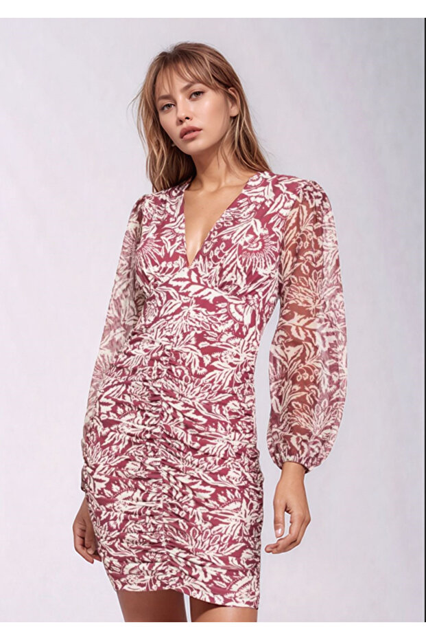 Women's V-Neck Burgundy Cream Patterned Sleeve Chiffon Skirt Smocked Mini Size Stylish Evening Dress