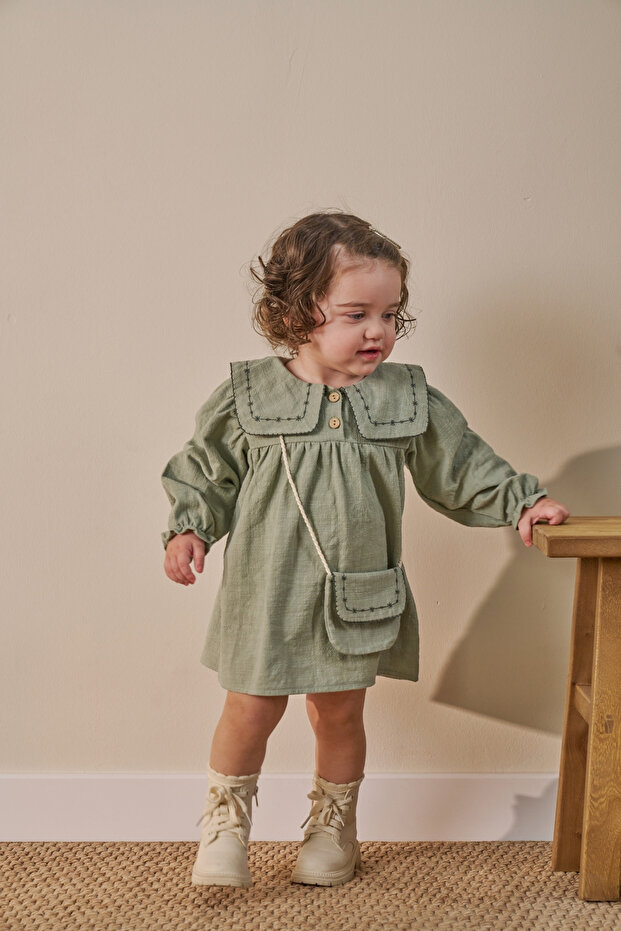 Linen Baby Girl Dress with Embroidered Collar and Bag