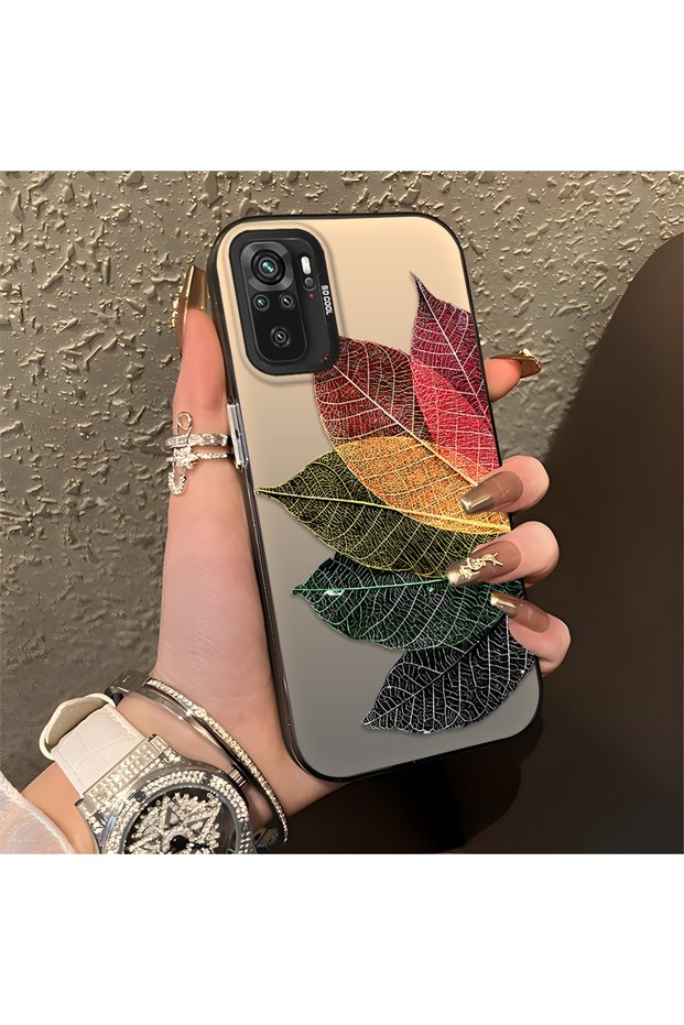 Xiaomi Redmi Note 10S Compatible Silicone Edge Acrylic Back Colorful Leaf Protective Case