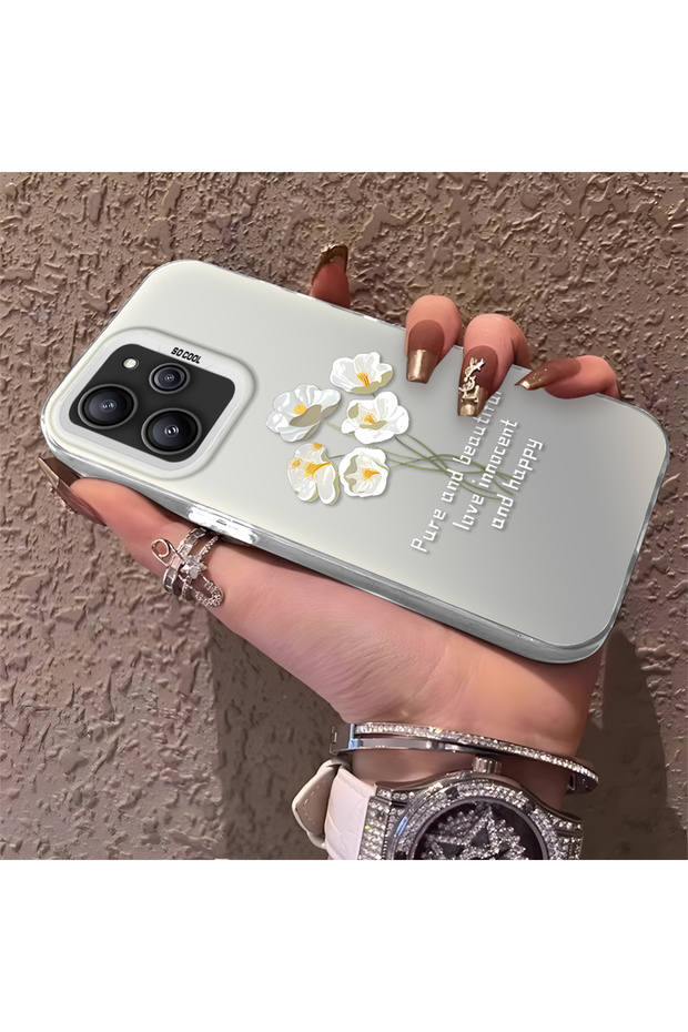 Xiaomi Redmi 12 4g Compatible Silicone Edge Acrylic Back White Flower Protective Case