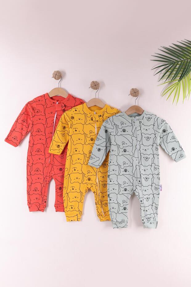 Yellow Baby Boy 100% Cotton Zippered 3-Piece Colorful Teddy Bear Patterned Cuffed Romper Set (9 Months 12 Months 18 Months)