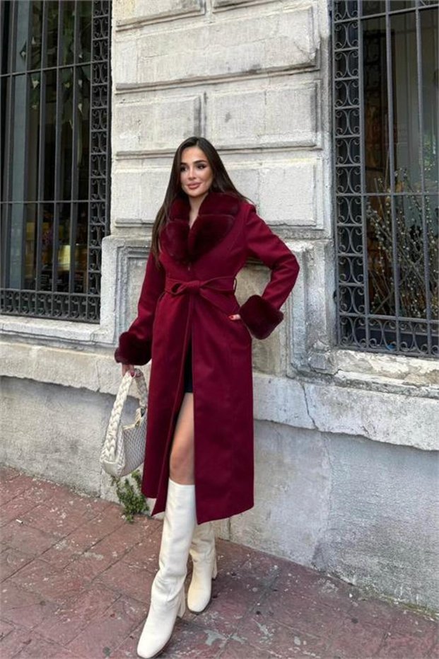 Women's Burgundy Full Length Cashmere Coat with Fur Detailing at Cuffs and Collar Nbstr1033