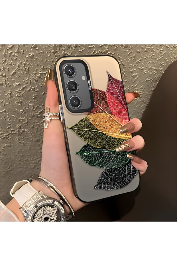Samsung Galaxy S24 Compatible Silicone Edge Acrylic Back Colorful Leaf Protective Case