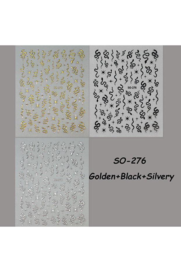 SO-276-Mixed 3pcs 3D Black Snake Nail Art Stickers Punk Golden Silvery Animal Print Starlight Decals