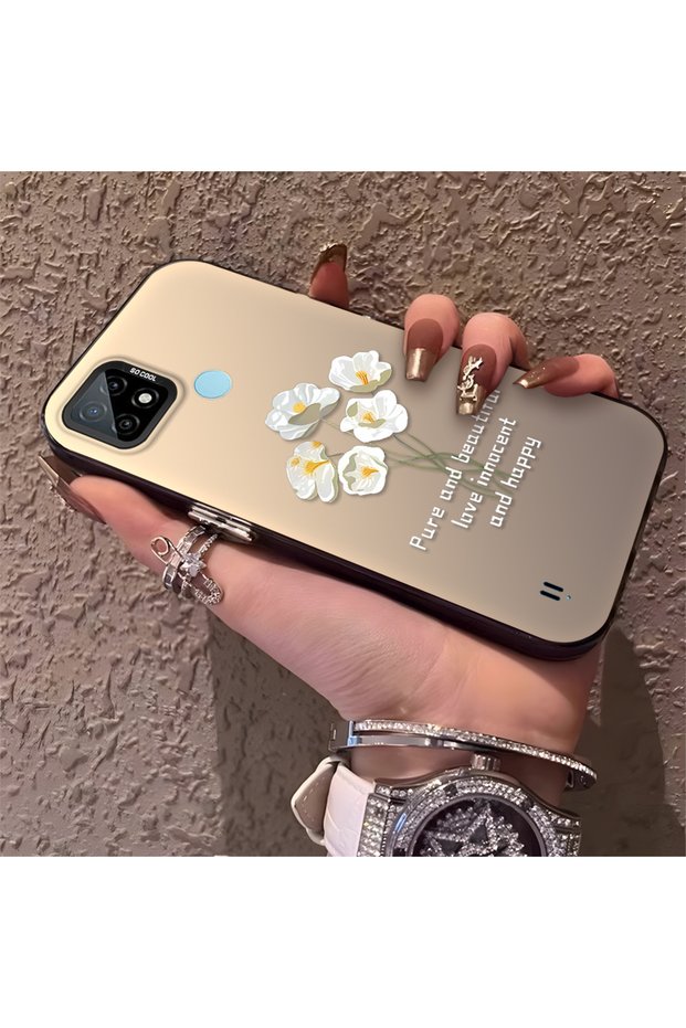 حافظة واقية من السيليكون المتوافقة مع هاتف Realme C21 ذات حافة أكريليك بيضاء على شكل زهرة