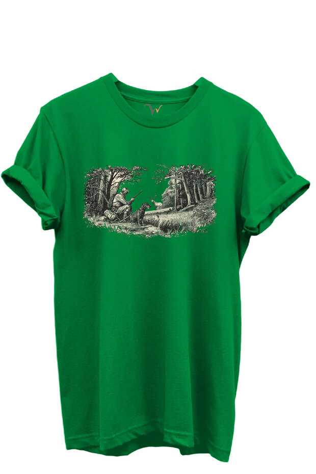 Forest Scene with Nature and Hunting Concept Printed 100% Cotton Regular Fit Crew Neck Unisex T-Shirt