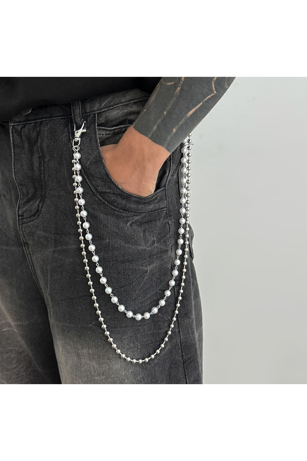 Silver Color PuRui Fashion Creative Imitation Pearl Iron Beaded Chain Keyring Jeans Pants Chain for