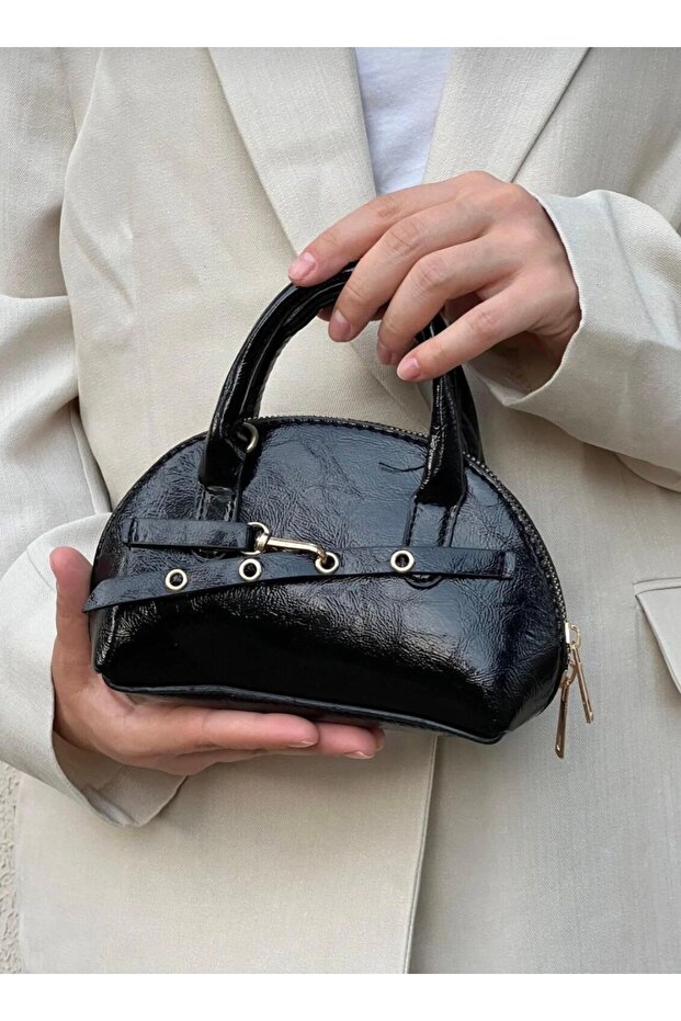 Ezzybliss Women's Black Patent Leather New Season Small Size Handbag with Shoulder Strap