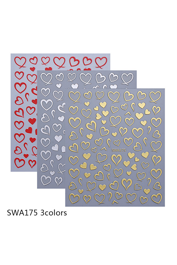 SWA175 3Colors 3pcs Bronzing Love Heart Nail Stickers Red Gold Silver Line Love Nail Decals DIY Adhe