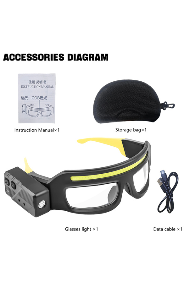 1PC Yellow include pouch Multi Function 2 in 1 Glasses Goggle Light USB C Rechargeable Touch Control - 1