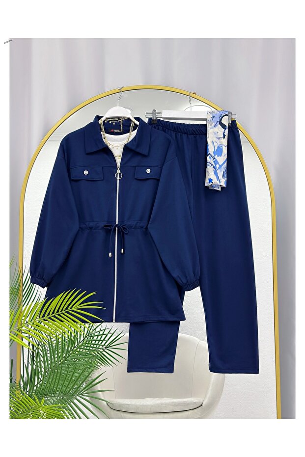 Shirt Collar Zippered Lace-Up Double Set [Includes Jacket and Pants]
