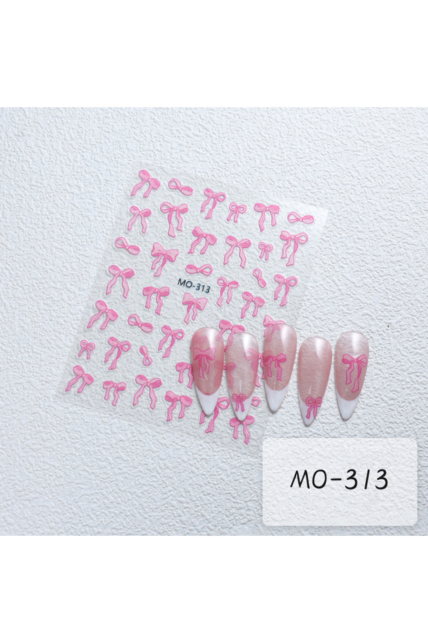 MO-313 Bowknot Nail Stickers 3D Relief White Ribbon Cute Sweet Pink Self-Adhesive Nail Art Decoratio