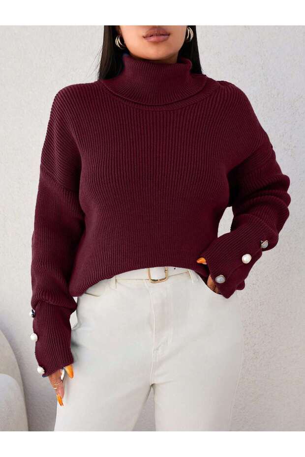 Women's Turtleneck Cufflink Detailed Knitwear Sweater