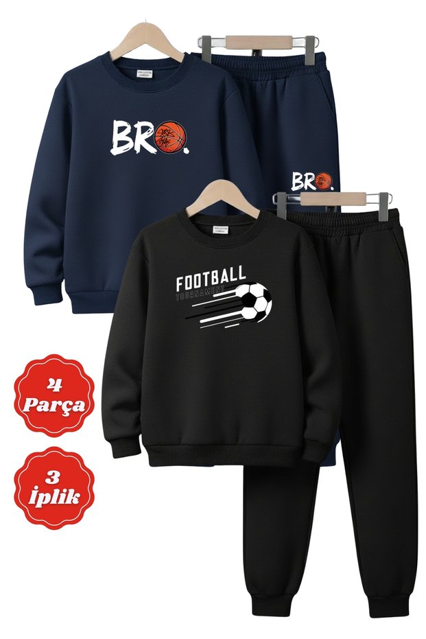 3 Thread Round Neck Printing Detail Thick Winter 4 Piece Boys Tracksuit Set