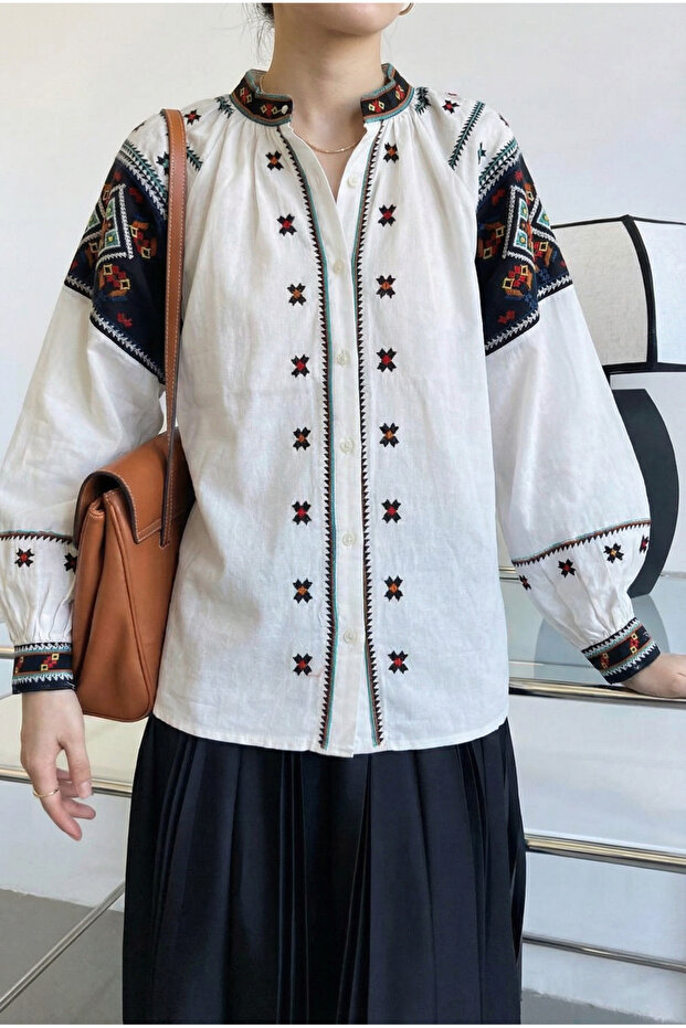 Women's White Buttoned Shirt with Ethnic Pattern and Embroidery