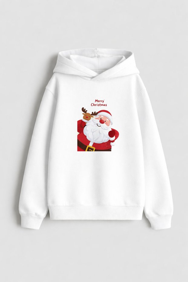 New Year Santa Claus New Year's Day Christmas Printed White Children's Hooded Sweatshirt