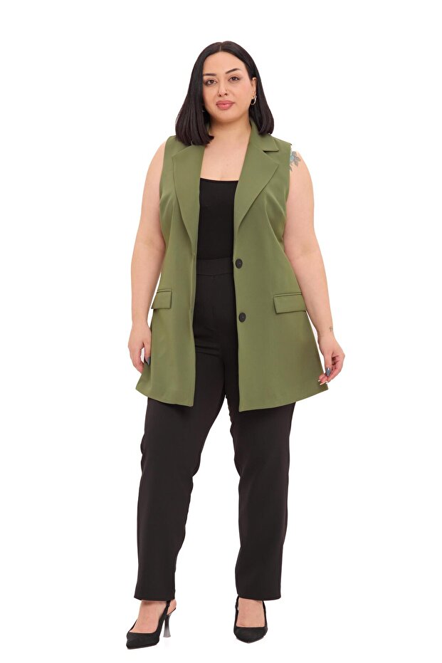 Plus Size Buttoned Flap Pocket Lined Long Khaki Vest