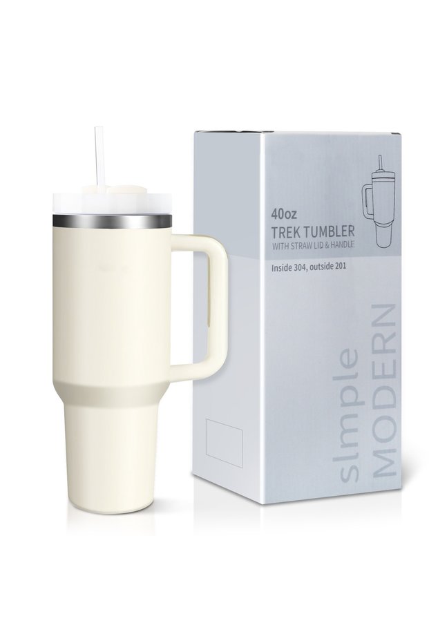 White Insulated Tumbler: 40oz Stainless Steel Mug with Handle, Straw & Leak-Proof