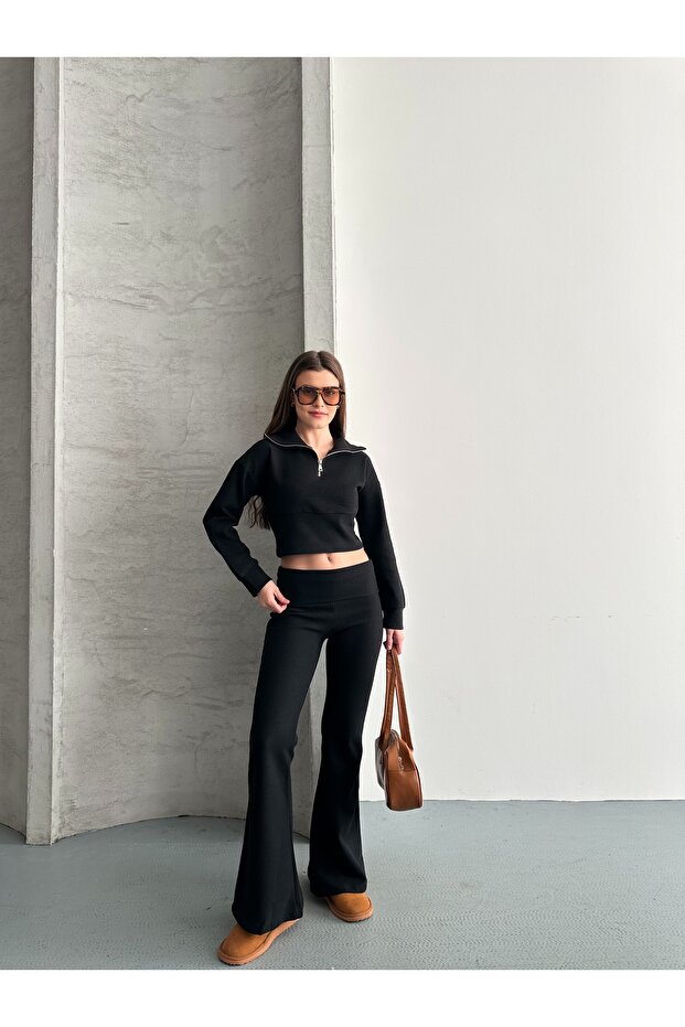Women's Thessaloniki Fabric Mock Neck Piece Half Zipper Crop Set