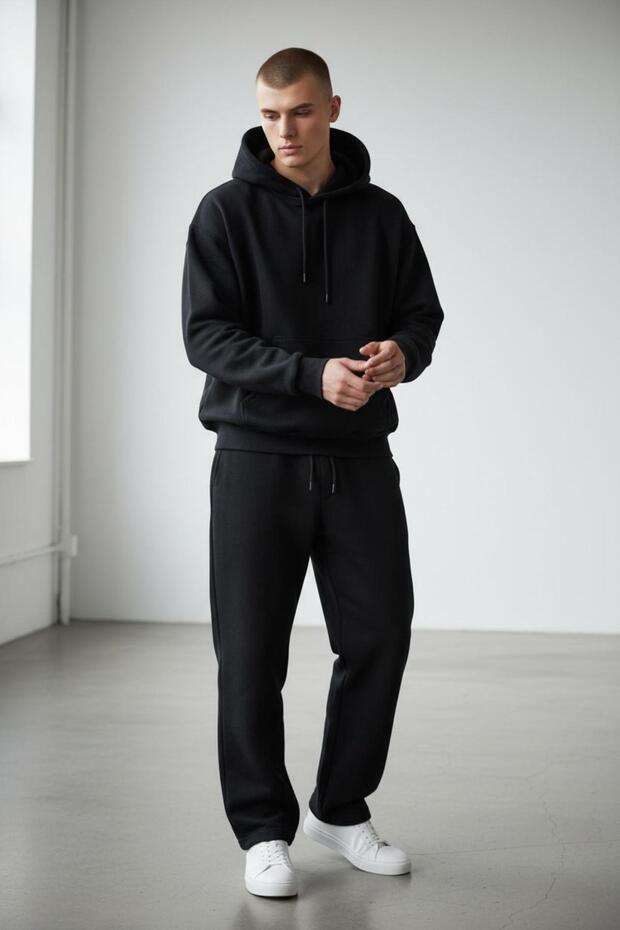 Men's Black Hooded Oversized 3 Thread Thick Tracksuit Set