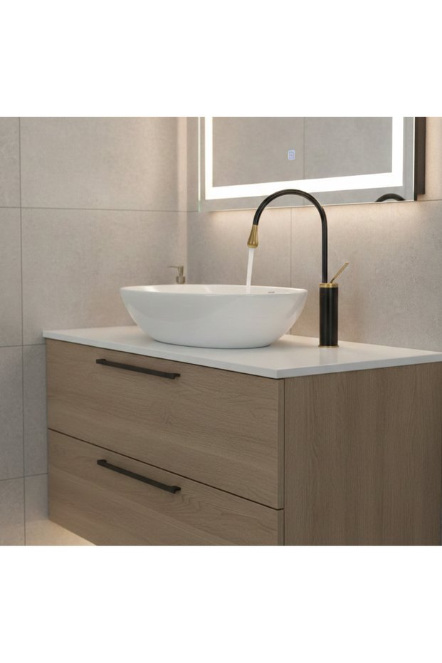 Black Gold Bowl Sink Faucet Modern Design Black Gold Detailed Bathroom Faucet