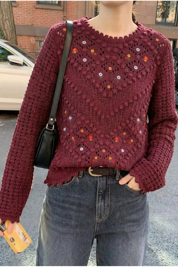 Women's Burgundy Standard Size Lace-Like Knit Floral Embroidered Cotton Knitwear Sweater