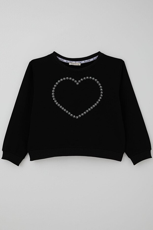 Girl's Sweatshirt Stone Heart Printed 7-12 Years Old, Black