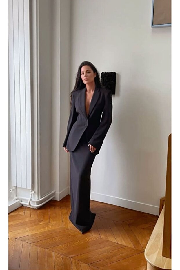 Women's Black Oversized Blazer Jacket and Long Skirt Set – Chic & Modern Office Outfit