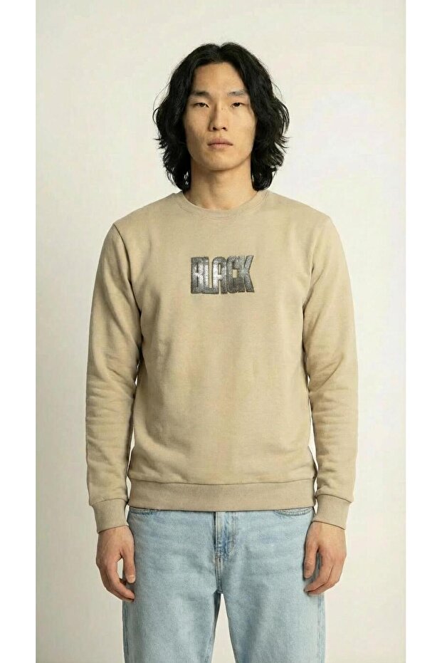 Men's Crew Neck Long Sleeve Sweatshirt 100% Cotton Biscuit Color C8T0N4