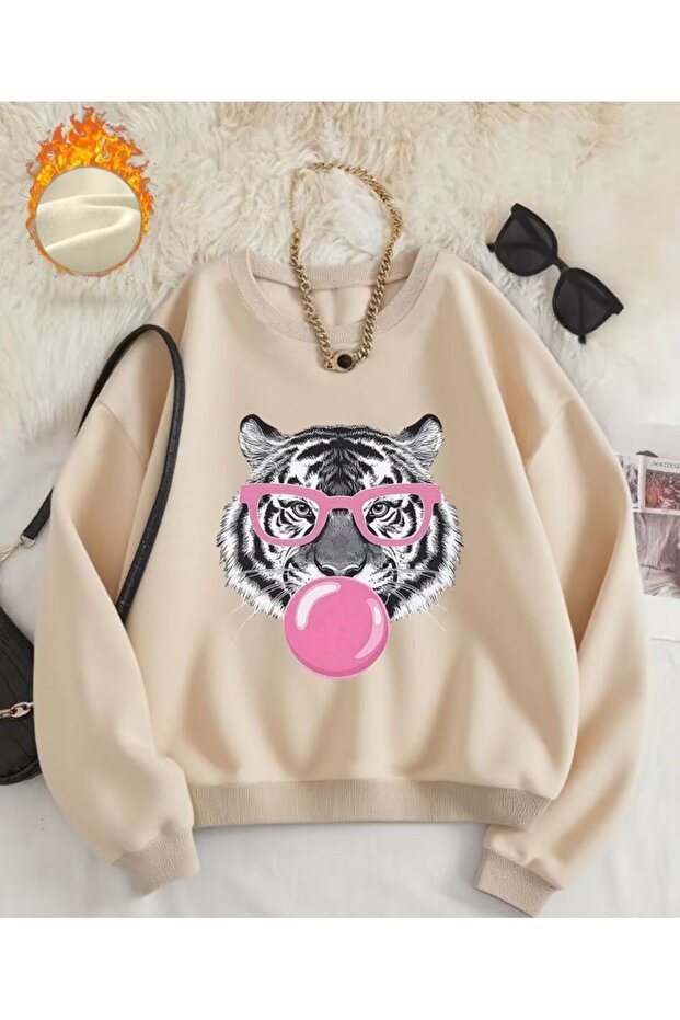 Cute Zebra Print Detailed Crew Neck Sweatshirt