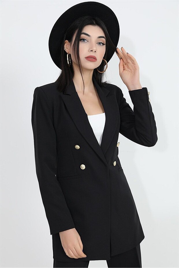 Women's Black Gold Buttoned Blazer Jacket Double-Breasted Collar with Inner Lining V Shoulder Pad Is Hijab
