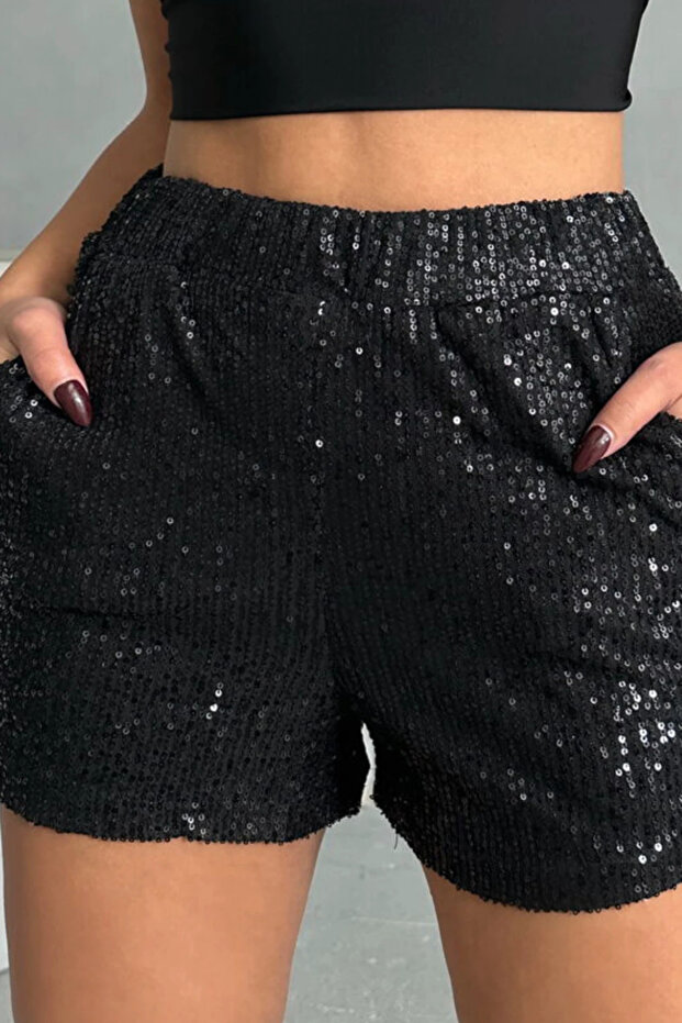 Cepli Siyah Payetli Şort - 4