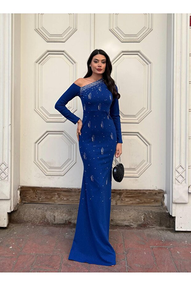 Silvery Crepe Fabric One-Shoulder Evening Dress with Stone Embellishments 583373 Cobalt Blue